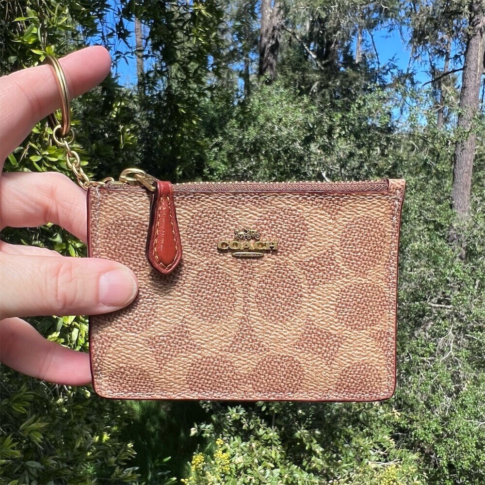 Coach Signature Jacquard Key Card Holder in Brown & Tan with Gold Hardware
